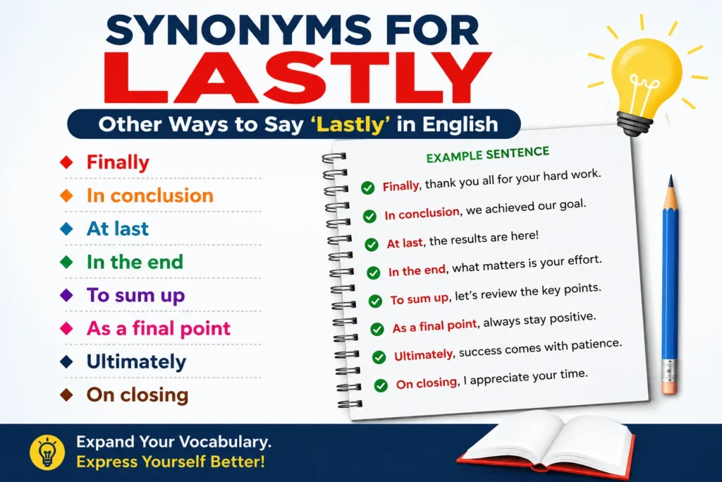 Synonyms for Lastly